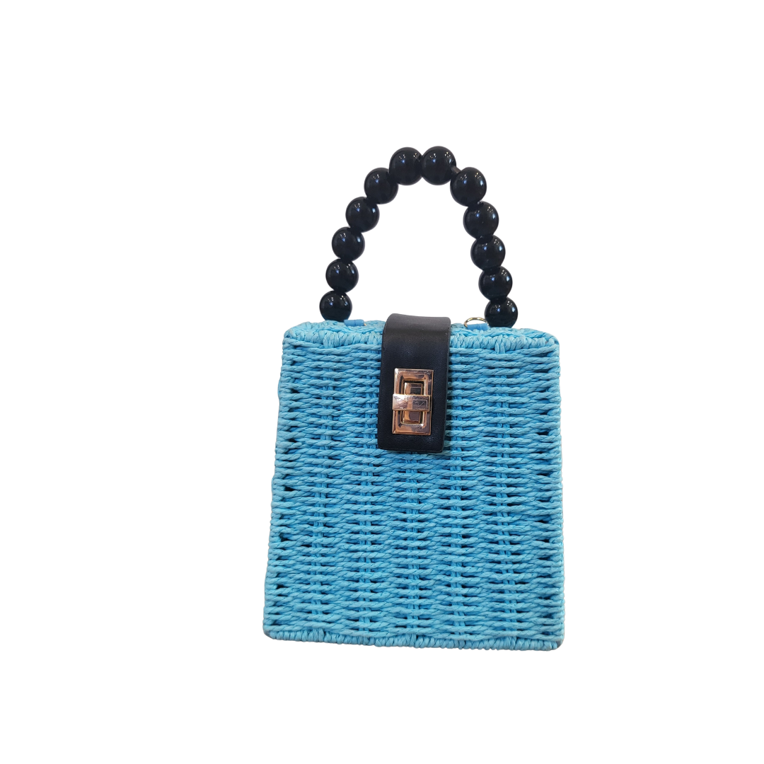Pochette in rafia azzurra manico perle